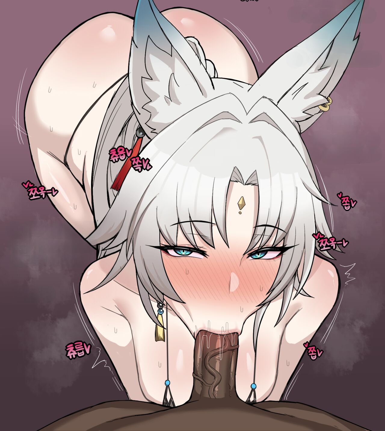 1girls blowjob chihel dark-skinned_male feixiao_(honkai:_star_rail) fellatio green_eyes honkai:_star_rail lewd white_hair