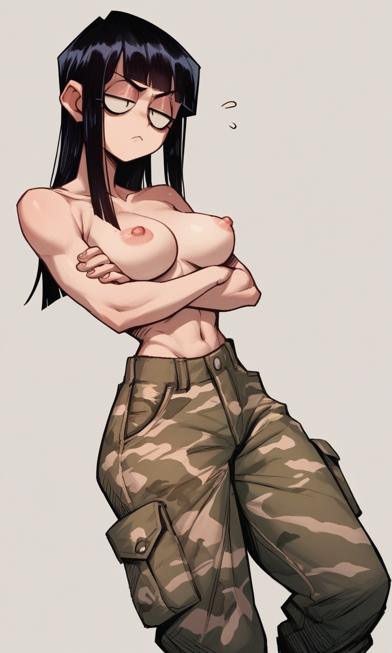 ai_generated alise_(kosine1777) black_hair blunt_bangs breasts breasts_out crossed_arms kosine1777 large_breasts long_hair nipples original original_character topless topless_female