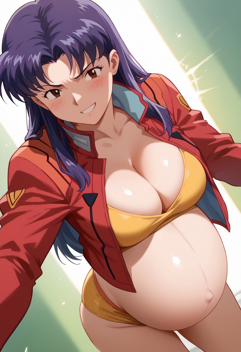 ai_generated big_belly big_breasts breasts cleavage determined misato_katsuragi neon_genesis_evangelion pregnancy pregnant pregnant_belly ready_to_pop red_jacket underwear