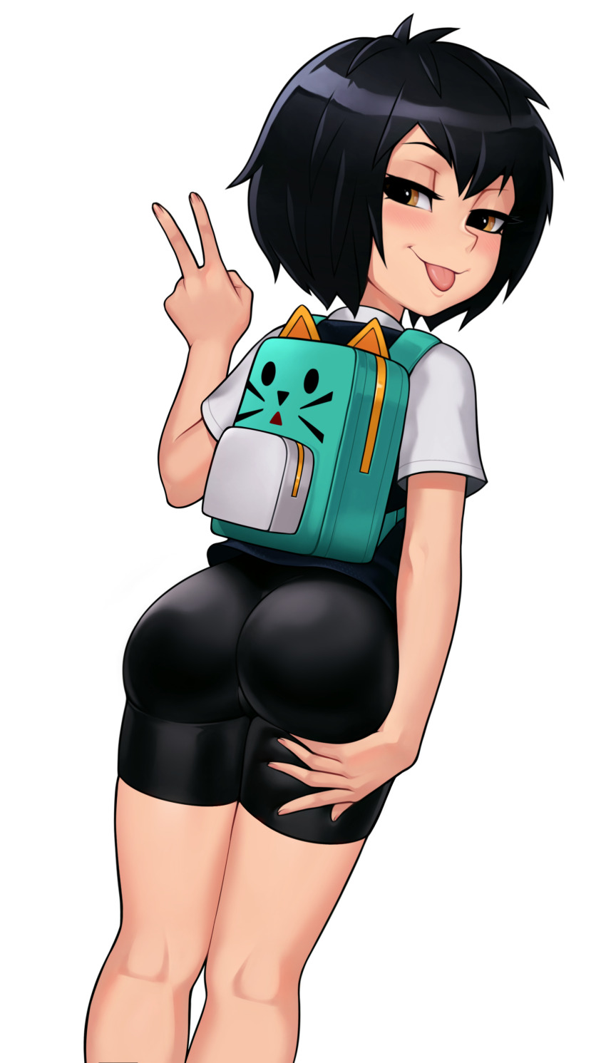 1girl 1girls 2023 2023s absurd_res absurdres aged_up ahoge ass ass_focus backpack bag bike_shorts black_hair black_vest blush brown_eyes butt butt_focus columbia_pictures commission commissioner_upload eyebrows eyelashes feet_out_of_frame female female_focus female_only fingernails from_behind grabbing_own_ass grabbing_own_butt hair hair_between_eyes hi_res highres loodncrood looking_at_viewer looking_back marvel marvel_comics peni_parker shirt short_hair shorts simple_background skirt smile smug solo sony_pictures_animation spider-man:_into_the_spider-verse spider-man_(series) spider-verse tagme thighs tongue tongue_out v v_sign vest white_background white_shirt young younger_female