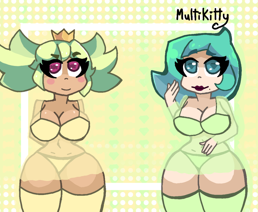 2girls bad_anatomy blue_eyes brawl_stars censored crown dark_lips female female_focus female_only green_bikini green_bikini_top green_bra green_hair green_panties green_socks lola_(brawl_stars) mandy_(brawl_stars) multikitty pink_eyes socks yellow_bikini yellow_bikini_top yellow_bra yellow_hair yellow_panties yellow_socks