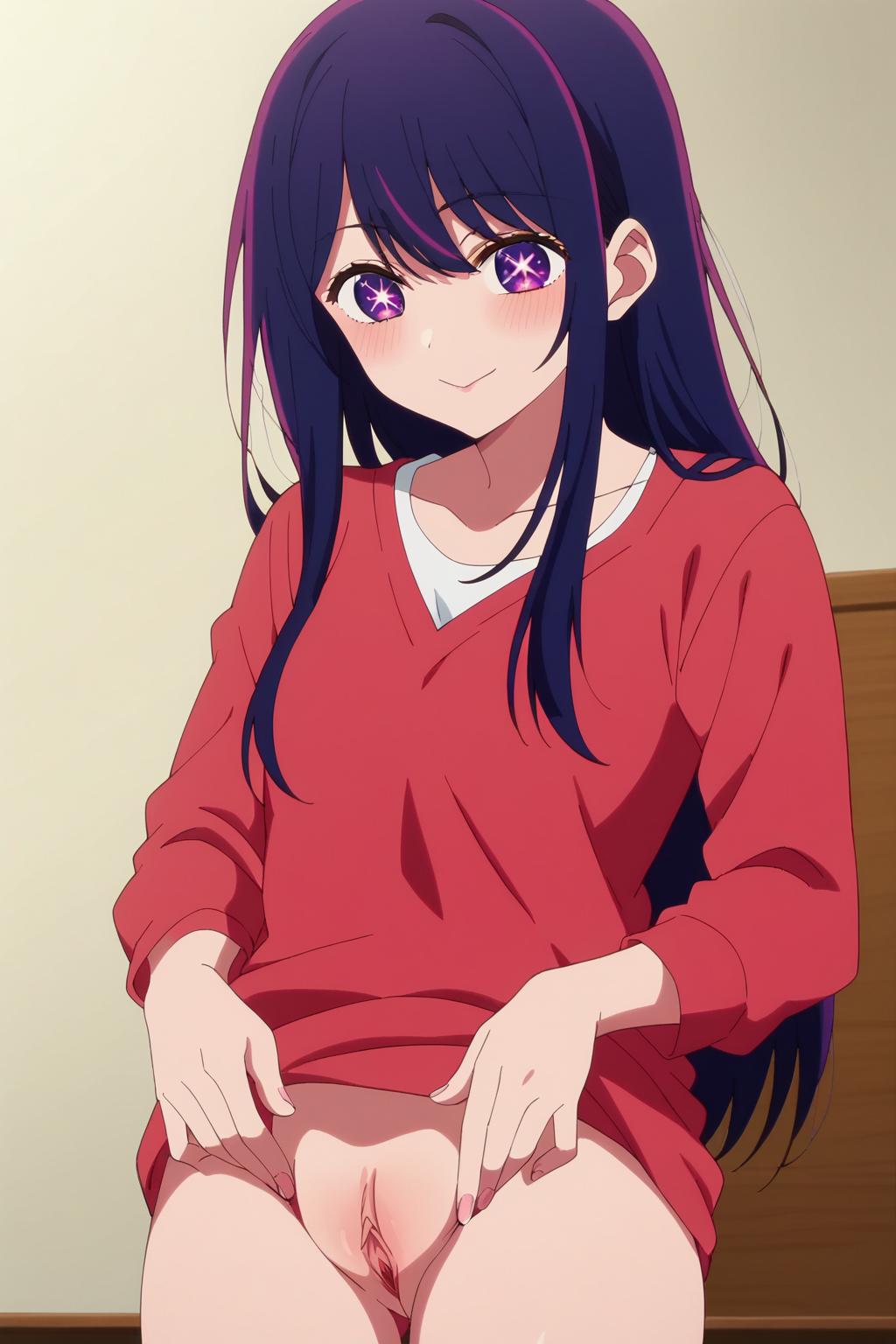 1girls ai_generated blush female female_focus female_only hoshino_ai lifting_clothing long_hair oshi_no_ko purple_eyes purple_hair pussy smile solo solo_female solo_focus