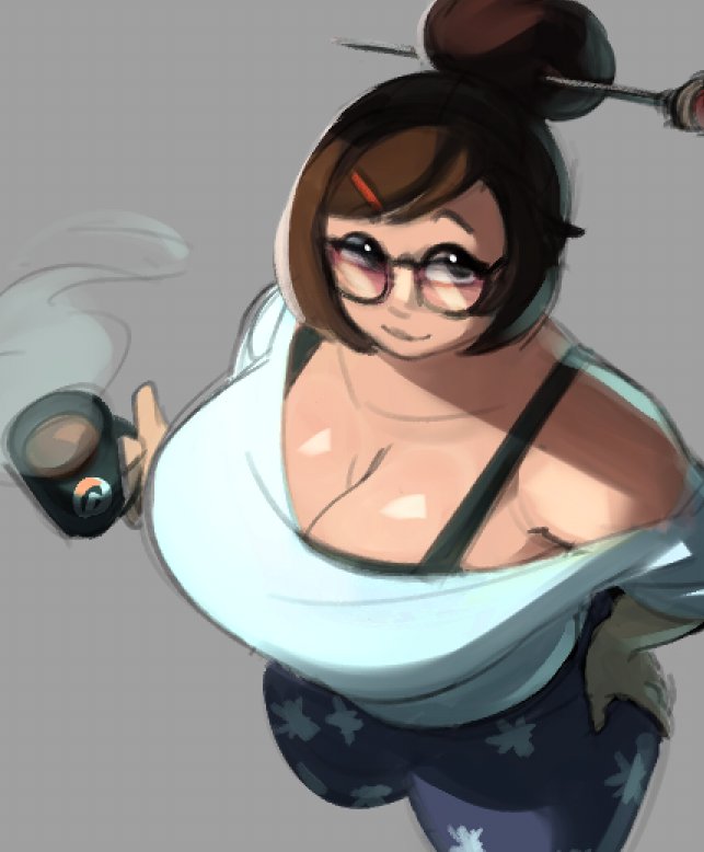 1girls big_breasts breasts brown_hair cleavage clothed clothing female female_focus female_only glasses mei_(overwatch) overwatch rekkadraws