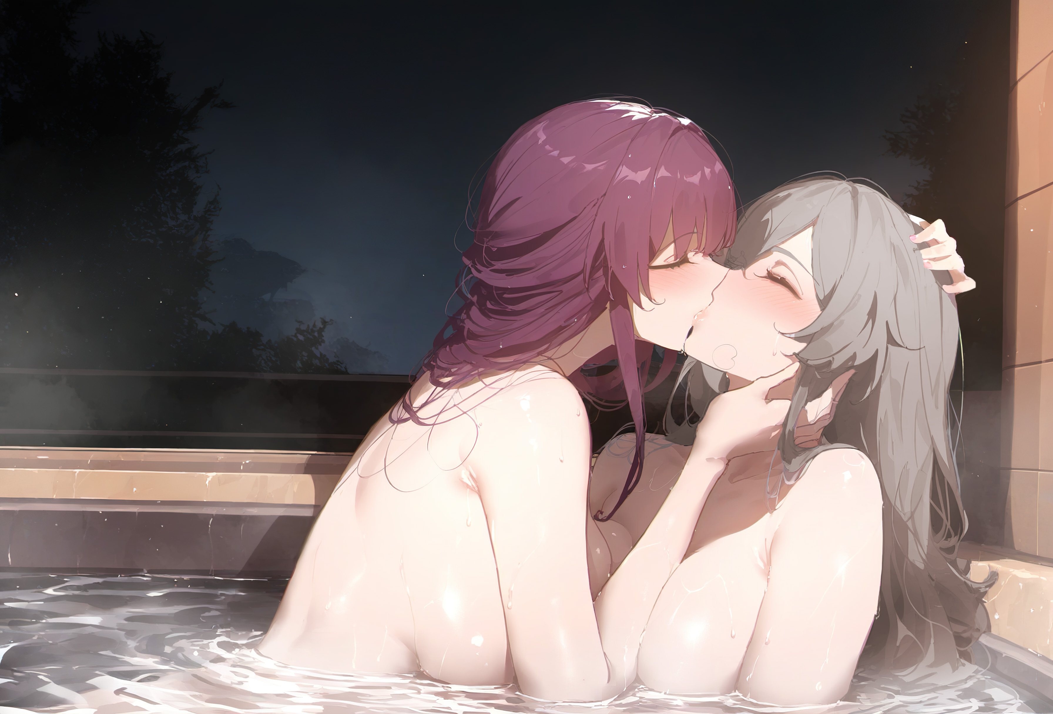 2girls, ai generated, blush, female, grey hair, holding head, honkai (series), honkai: star rail, hoyoverse, kafka (honkai: star rail), kissing, naked female, purple hair, stelle (honkai: star rail), tagme, trailblazer (honkai: star rail), yuri