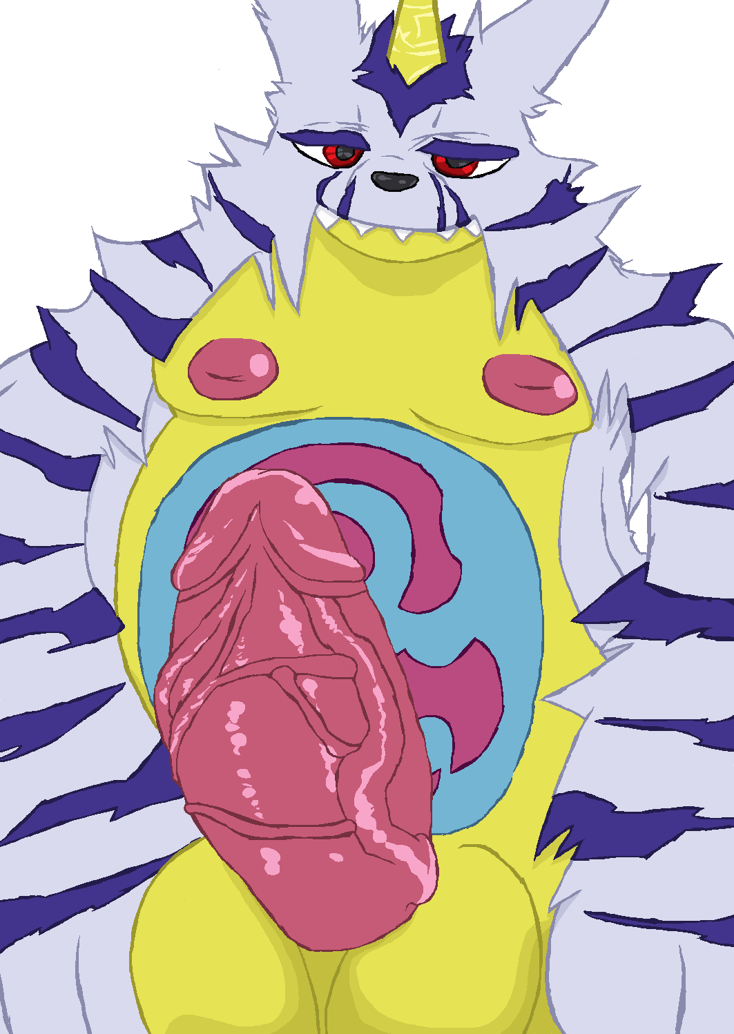 balls belly big_balls big_belly big_nipples chin digimon ekataraf ekatarafu erection eyebrows fur fur_pattern gabumon grey_fur hi_res horn humanoid_penis hyper hyper_penis looking_at_viewer male male_nipples male_only masked moobs nipples pattern paws penis pointy_ears purple_stripes red_eyes reptile scalie sharp_teeth slightly_chubby smile solo stripes symbol teeth vein yellow_skin エカタラフ