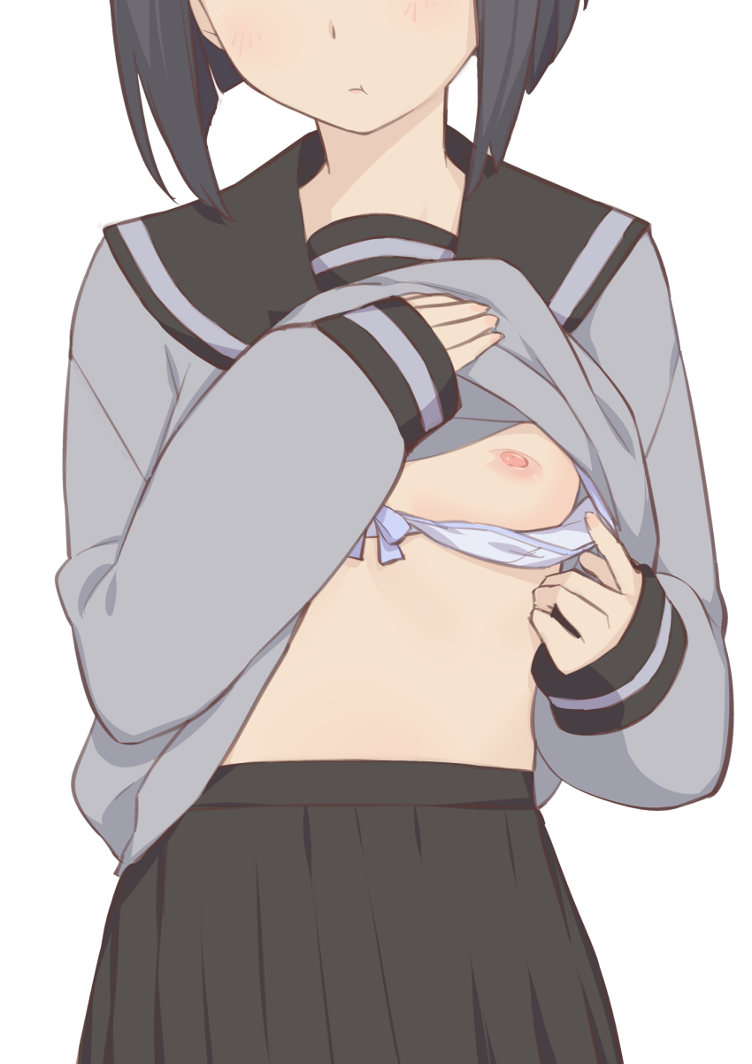 :t black_hair blush bow bow_bra bra bra_pull breasts clothes_lift clothes_pull eyes_out_of_frame female highres lifting_own_clothes morisobo nipples one_breast_out pout pulling_own_clothes school_uniform shirt_lift short_hair simple_background small_breasts solo tanaka-kun_wa_itsumo_kedaruge tanaka_rino underwear white_background