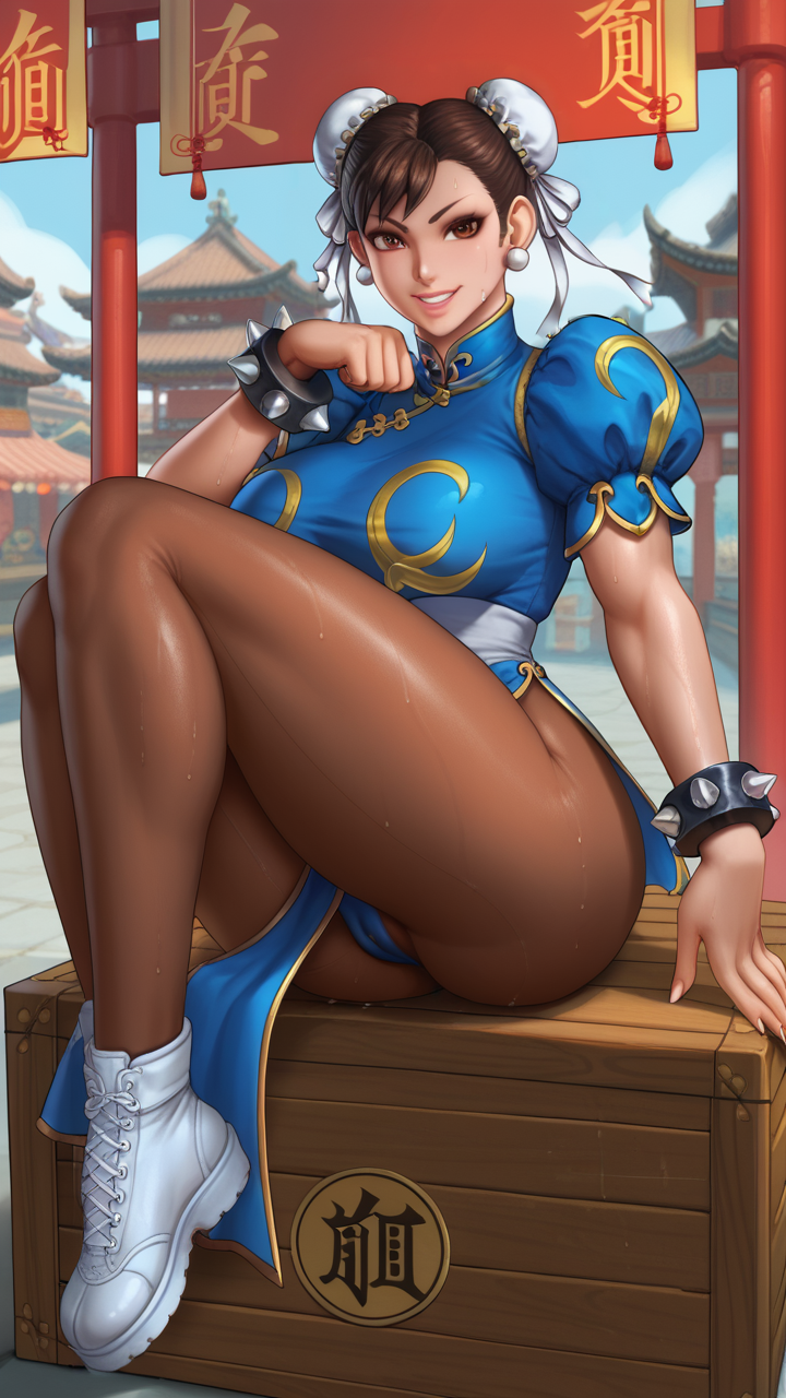 1girls 9:16 ai_generated black_hair blue_dress chun-li dress lemonaide_arts loincloth looking_at_viewer pantyhose qipao sitting sitting_down skintight skintight_clothes smile smiling smiling_at_viewer soloo spiked_bracelet street_fighter twin_buns white_shoes