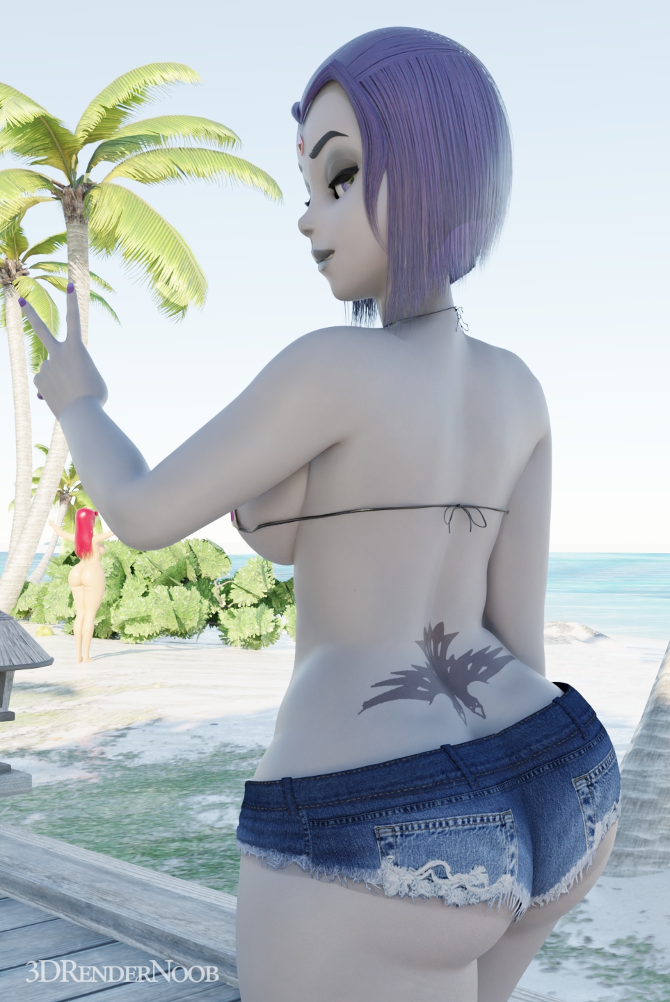 2girls 3d 3d_(artwork) 3drendernoob beach big_ass bikini_top blender_(artwork) daisy_dukes dc dc_comics female female_only goth nude purple_hair raven_(dc) shorts sideboob starfire tattoo teen_titans tramp_stamp