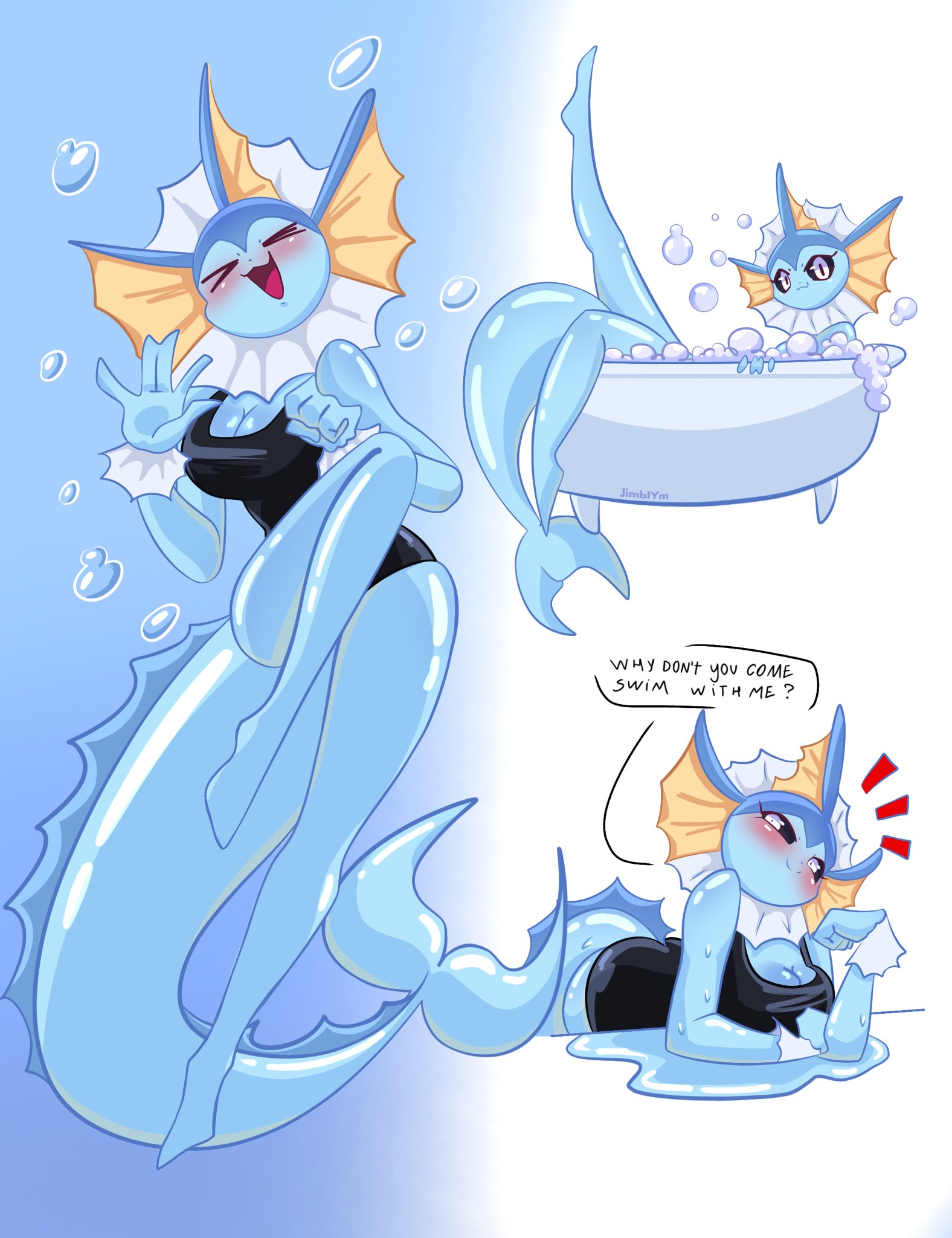 1girls, 2024, anthro, anthro only, ass, bath, bathtub, bent over, black sclera, blush, breasts, bubble, bubbles, cleavage, eeveelution, female, female only, game freak, generation 1 pokemon, jimblym, legs, long tail, nintendo, pokemon, pokemon (species), pokemon rgby, puddle, solo, solo female, swimsuit, tail, thighs, vaporeon, water, wet, white background