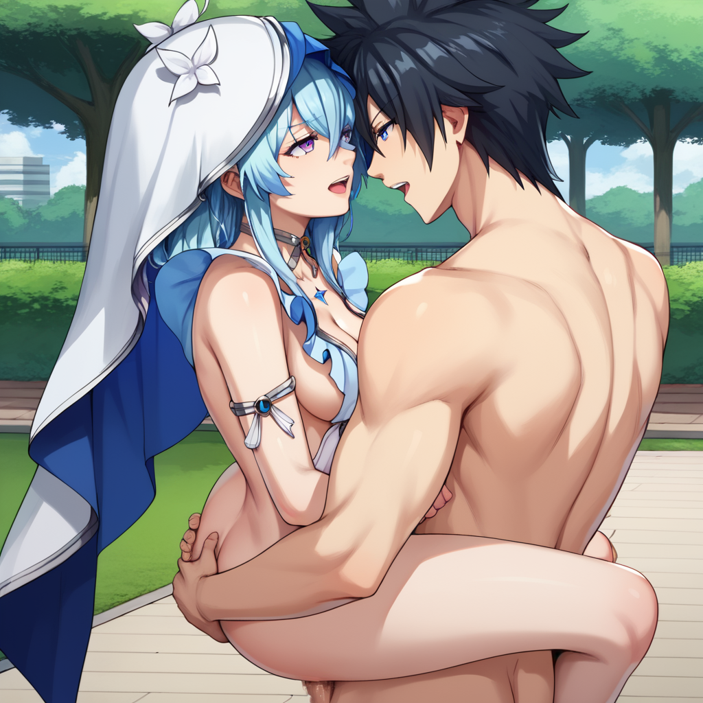 ai_generated blue_hair crossover dark_hair fairy_tail gray_fullbuster stand_and_carry_position standing_sex the_shorekeeper_(wuthering_waves) veil wuthering_waves