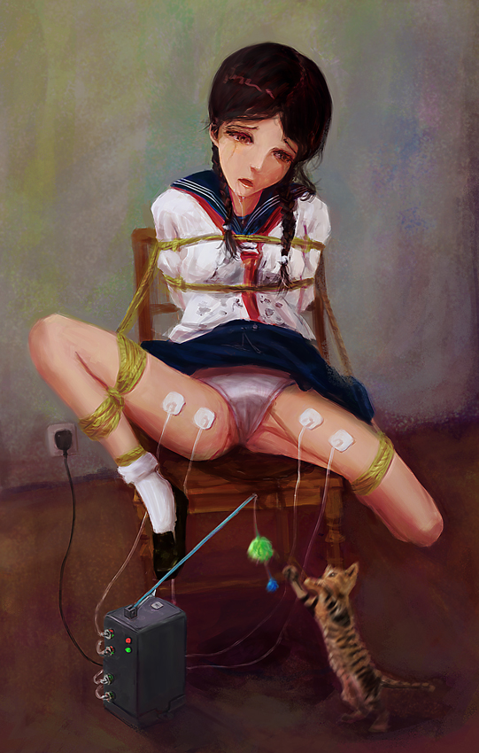 arms behind back, black hair, bondage, breasts, crotch rope, electricity, female, ikelag, kinbaku, original, peeing, school uniform, serafuku, shirt lift, small breasts, solo, thighhighs
