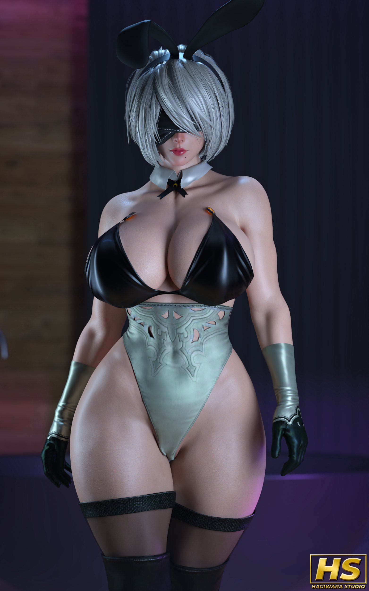 1girls, 3d, abs, armpits, armwear, ass, athletic, athletic female, beauty mark, blindfold, breasts, busty, child bearing hips, cleavage, clothing, curvaceous, curves, curvy, curvy body, curvy female, digital media (artwork), eye patch, female, female focus, female only, fishnet stockings, fishnets, fit, fit female, hagiwara studio, hands behind head, huge ass, huge breasts, legwear, light skin, light-skinned female, looking at viewer, nier, nier: automata, pose, posing, posing for the viewer, seductive, seductive pose, short hair, solo, solo female, stretching, thick, thick ass, thick thighs, thighhighs, titties, video game, video game character, video game franchise, video games, voluptuous, white hair, wide hips, yorha 2b