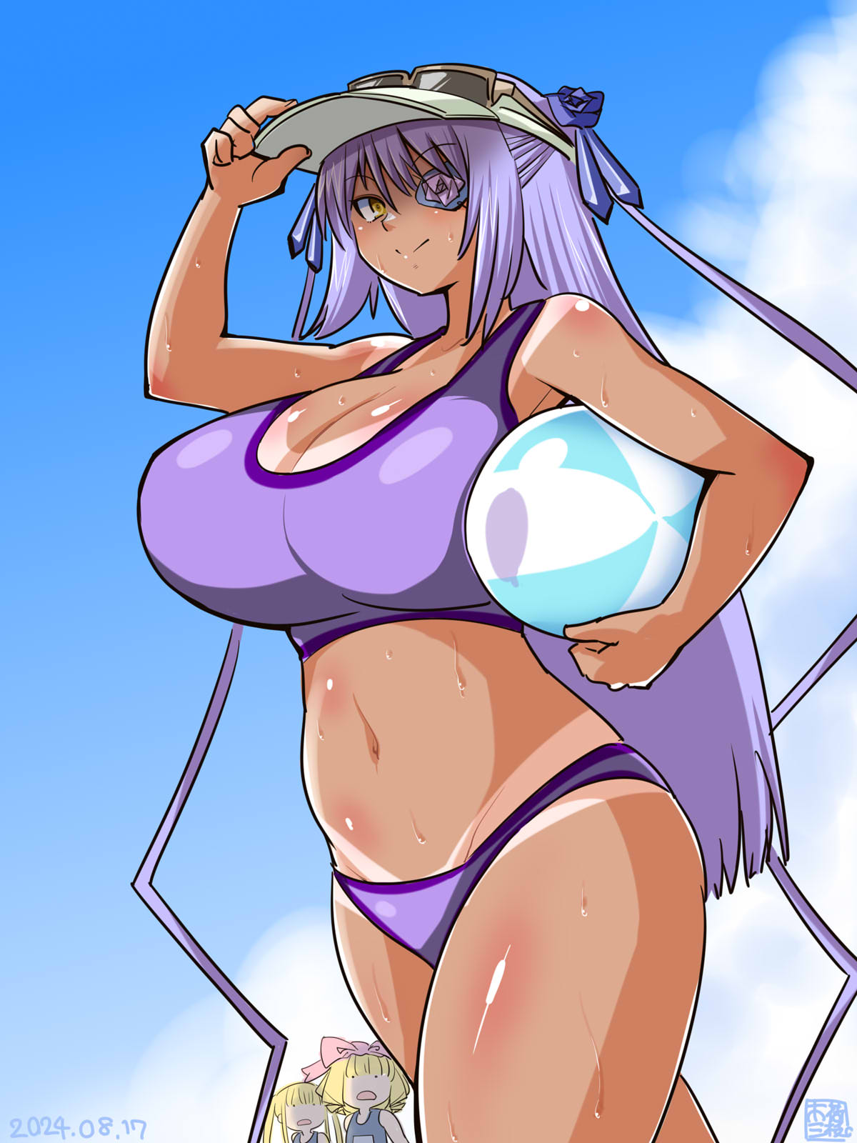 3girls barasuishou beach_ball beach_hat bikini blonde_hair clouds eyepatch female female_only flower_eyepatch hinaichigo itini-sanshi long_hair looking_at_another looking_at_viewer purple_hair rozen_maiden shinku sisters sky smile surprised sweat sweatdrop sweating sweaty_body swimsuit tan_body tan_lines tan_skin trio yellow_eyes