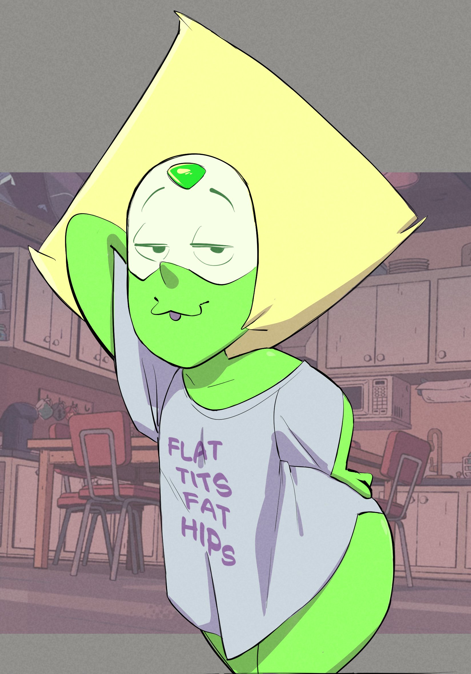 1girls, alternate version available, cartoon network, clothing, female, gem (species), glasses, green eyes, green skin, humanoid, looking at viewer, peridot (steven universe), pokachu (artist), shirt, shirt dress, shortstack, solo, steven universe, warner bros, warner brothers, yellow hair