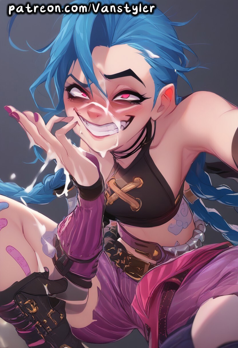 ai_generated blue_hair blush braid choker clothed covered_in_cum cum cum_on_face gesugao jinx_(league_of_legends) league_of_legends long_hair looking_at_viewer patreon purple_eyes riot_games smiling smiling_at_viewer solo tattoo twin_braids vanstyler very_long_hair