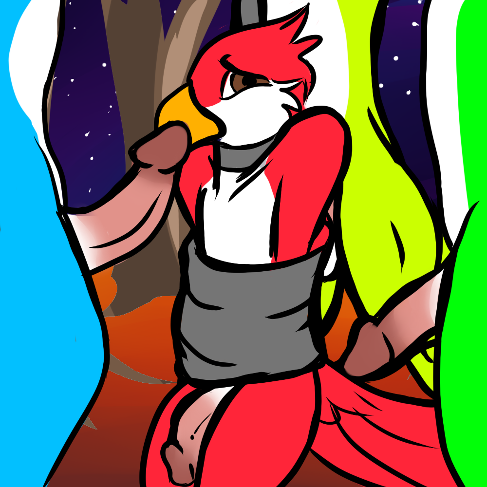 2016 anonyartist anthro avian avian_(starbound) beak bird blue_feathers bound collar desert dirt duct_tape erection fear feathers green_feathers group imminent_rape looking_at_viewer maladash male nude outside penis red_feathers scared space_background star starbound tree video_games yaoi yellow_feathers