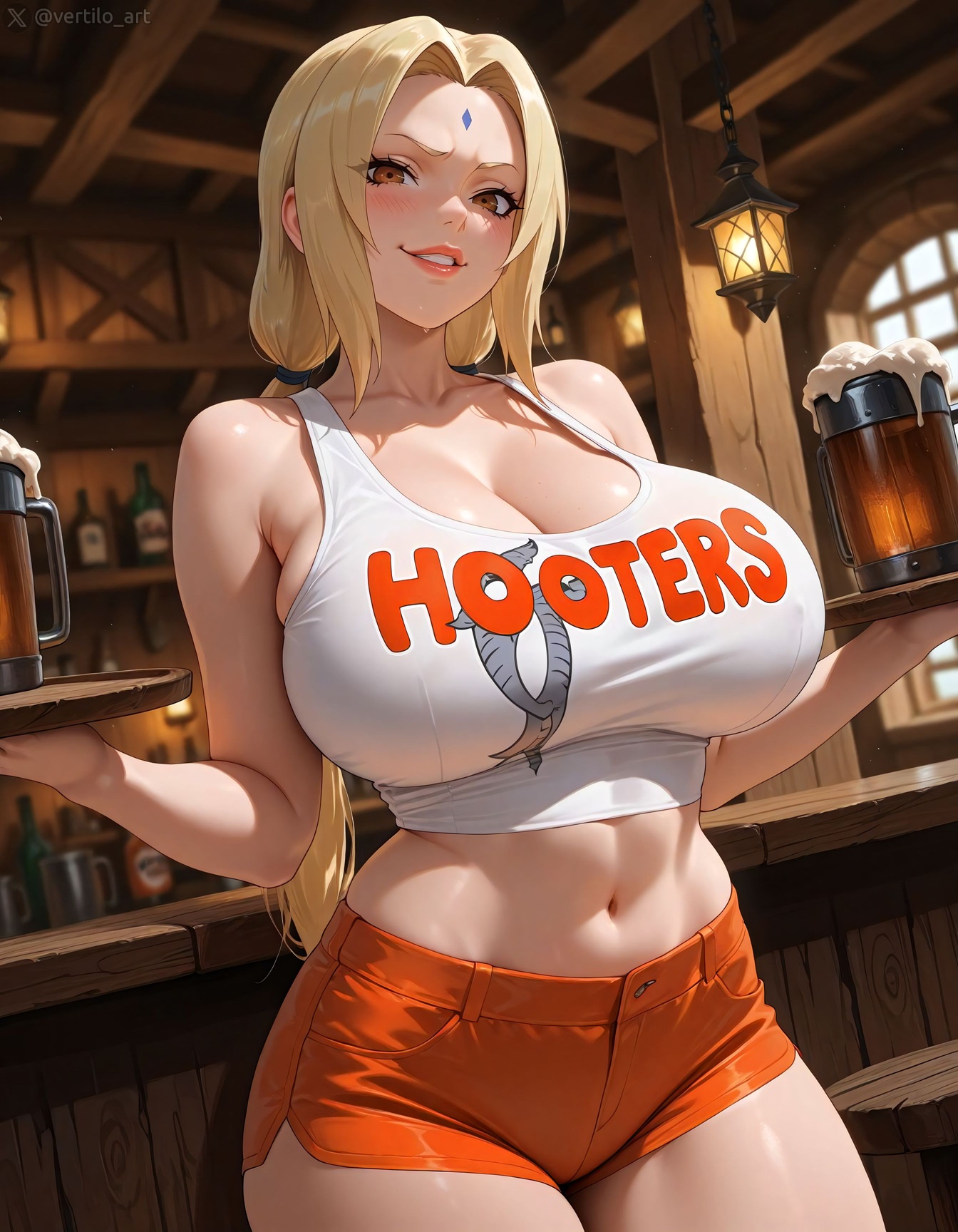 1girls, ai generated, beer, breasts, crop top, female, female only, holding tray, hooters, hooters uniform, huge breasts, naruto, naruto (series), smirk, solo, standing, tsunade, vertiloart, waitress