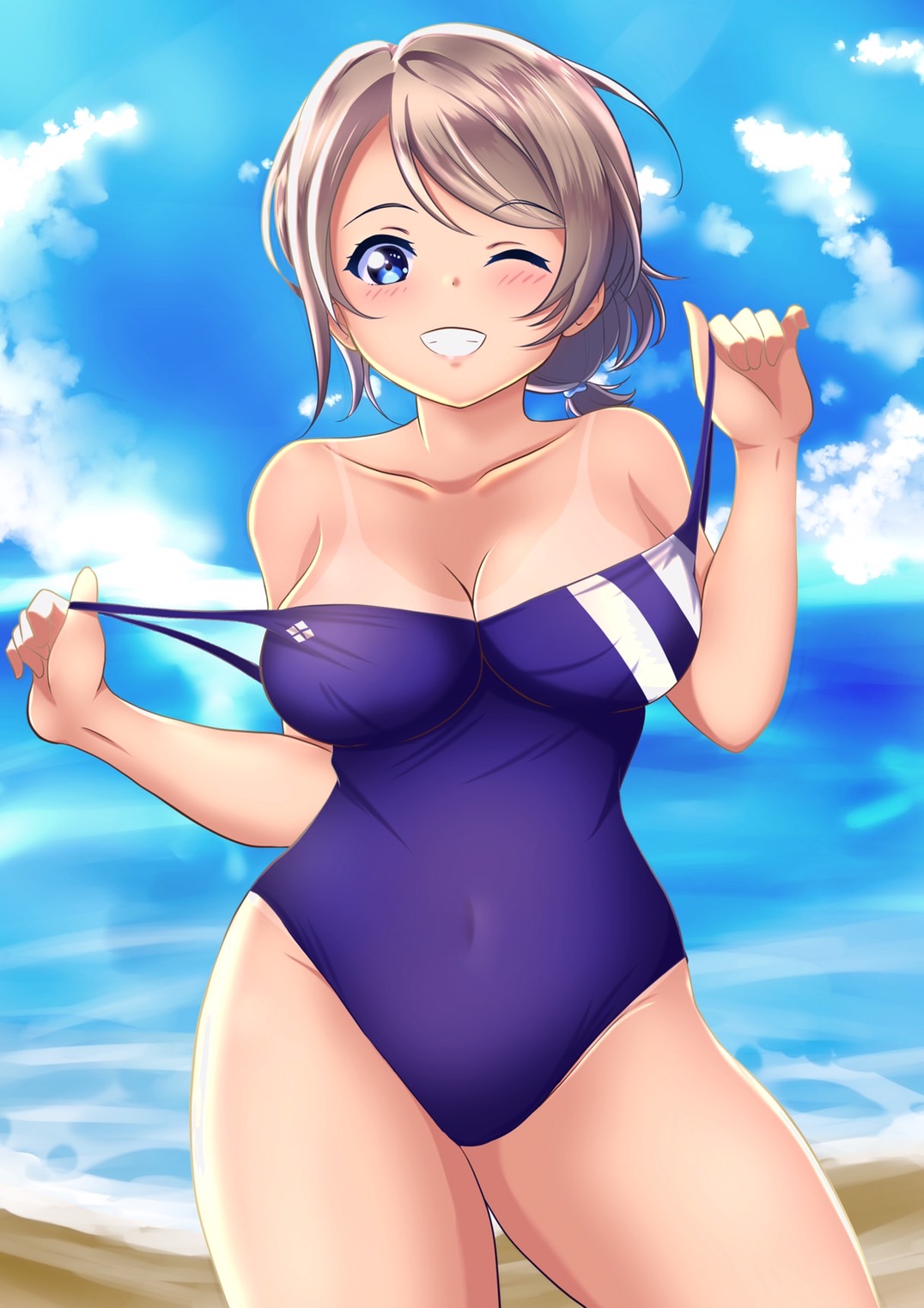 blue_eyes competition_swimsuit female love_live! love_live!_sunshine!! one-piece_swimsuit short_hair solo swimsuit watanabe_you wavy_hair