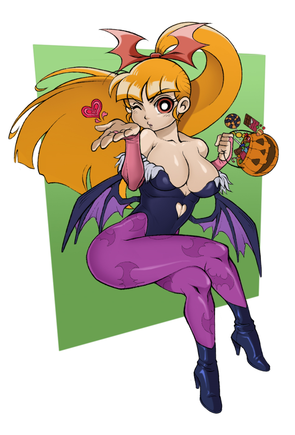 1girls artist_request ass big_ass big_breasts blossom_(powerpuff_girls) blowing_kiss blush breasts candy cartoon_network chocolate cosplay darkstalkers female female_only halloween i’m large_breasts long_hair morrigan_aensland_(cosplay) orange_hair powerpuff_girls red_eyes thick_thighs wings