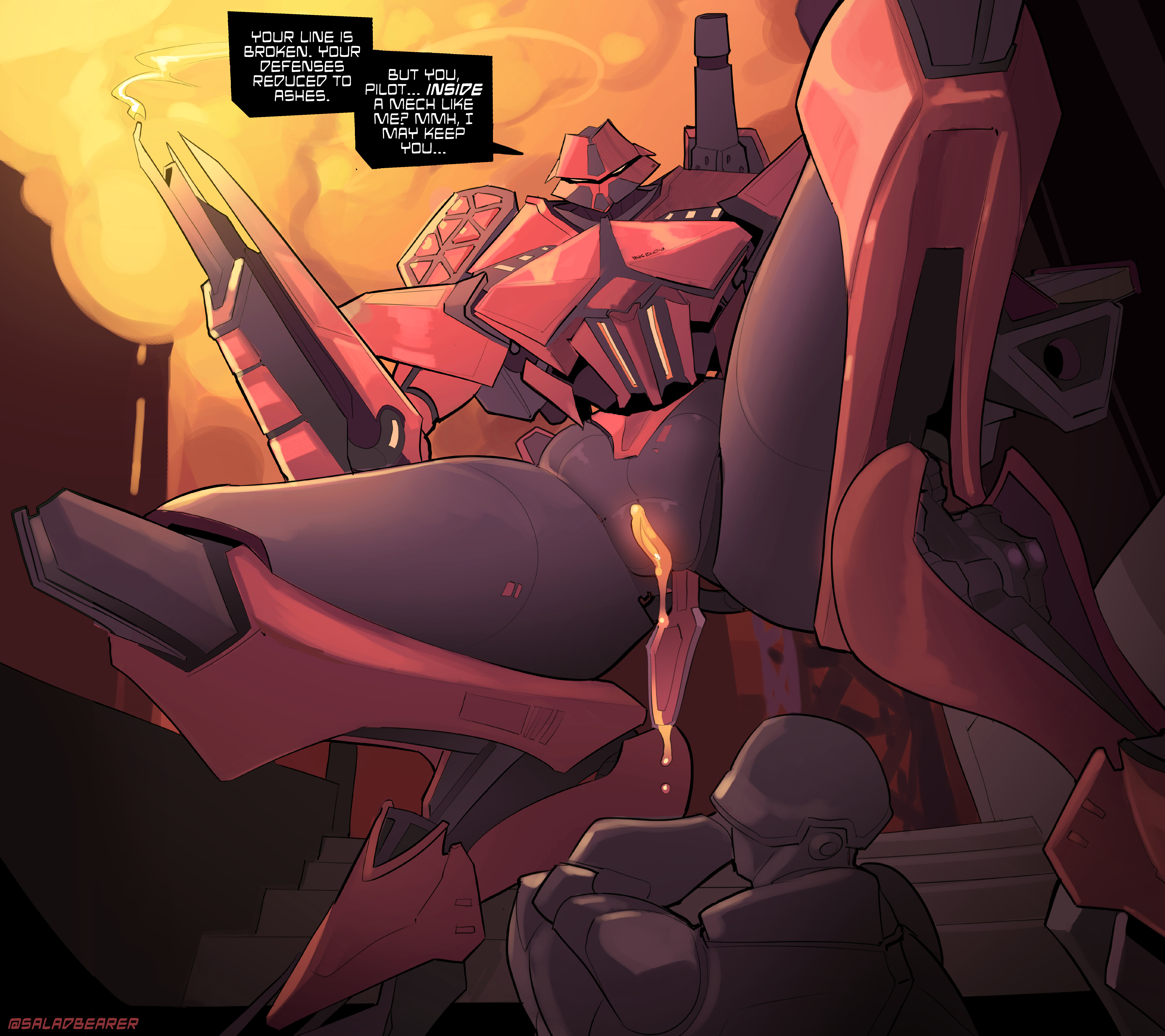 1boy1girl, 2d (artwork), absurd resolution, absurdres, armored core, dialogue, dialogue bubble, femdom, high resolution, highres, imminent rape, imminent sex, larger female, machine, malesub, mecha, mechanical, original, original character, pussy, pussy juice, pussy juice drip, rape, reverse rape, robot, robot girl, robot joints, rubber, saladbearer, size difference, smaller male, text, thighs, thighs bigger than head, unusual bodily fluids, unusual genital fluids