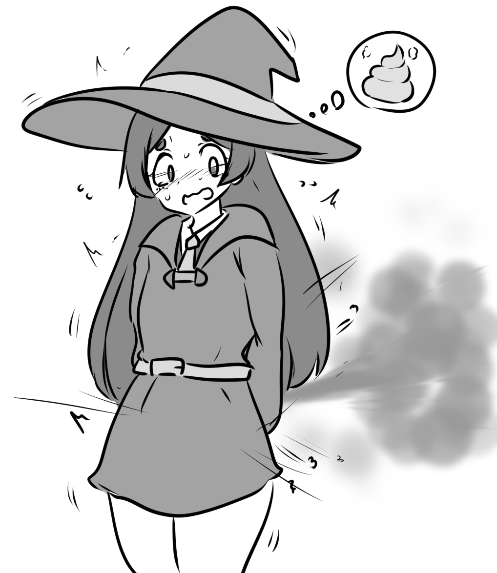 1girls barbara_parker black_and_white blush desperation fart fart_cloud fart_fetish female imminent_scat little_witch_academia no_text scat_desperation sweat water_noodle witch witch_costume witch_hat