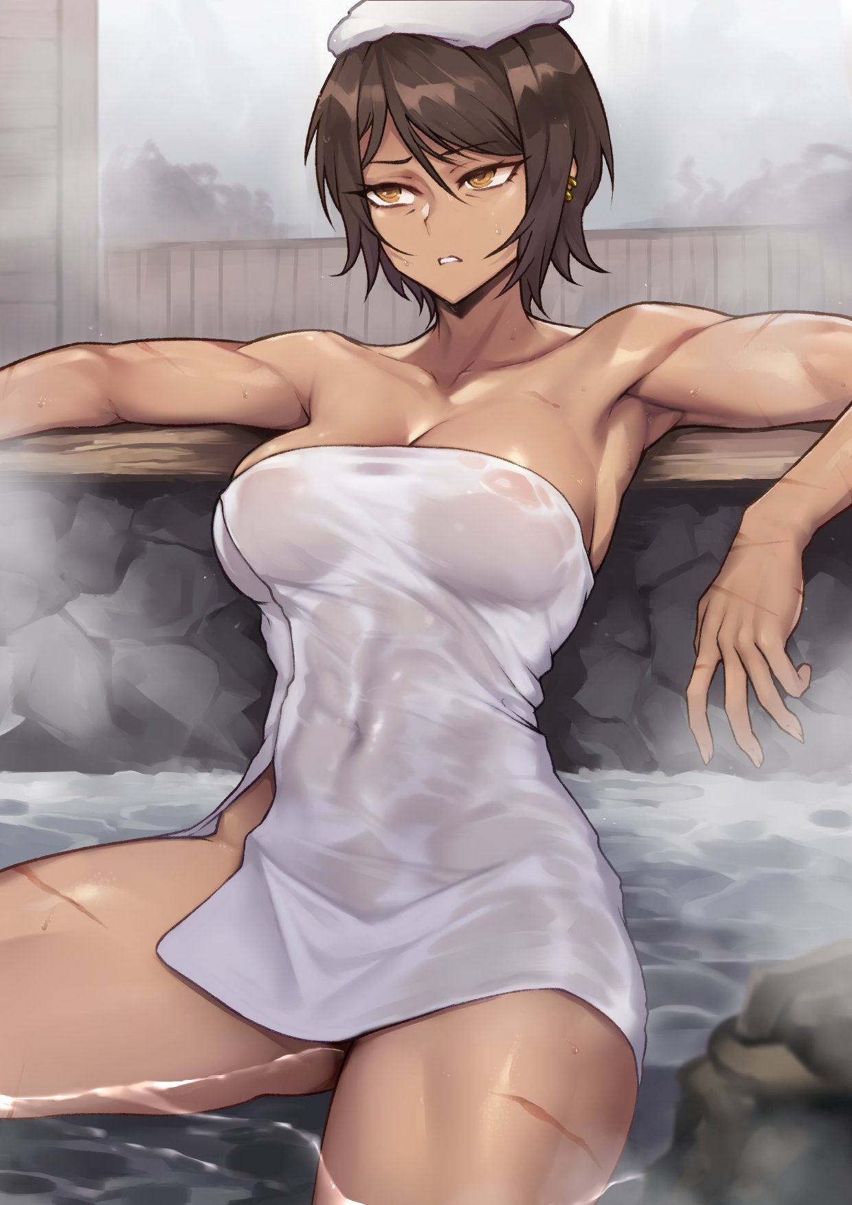 1girls, athletic female, big breasts, breasts, dark skin, dark-skinned female, female, female human, fit female, human, large breasts, limbus company, mature female, navel, nipples, older female, onsen, outis (limbus company), outis (project moon), project moon, scar, scars, scars all over, slim waist, thick thighs, tomboy, towel, towel around body, towel on head, towel only, tresmarrow, wet towel, wide hips