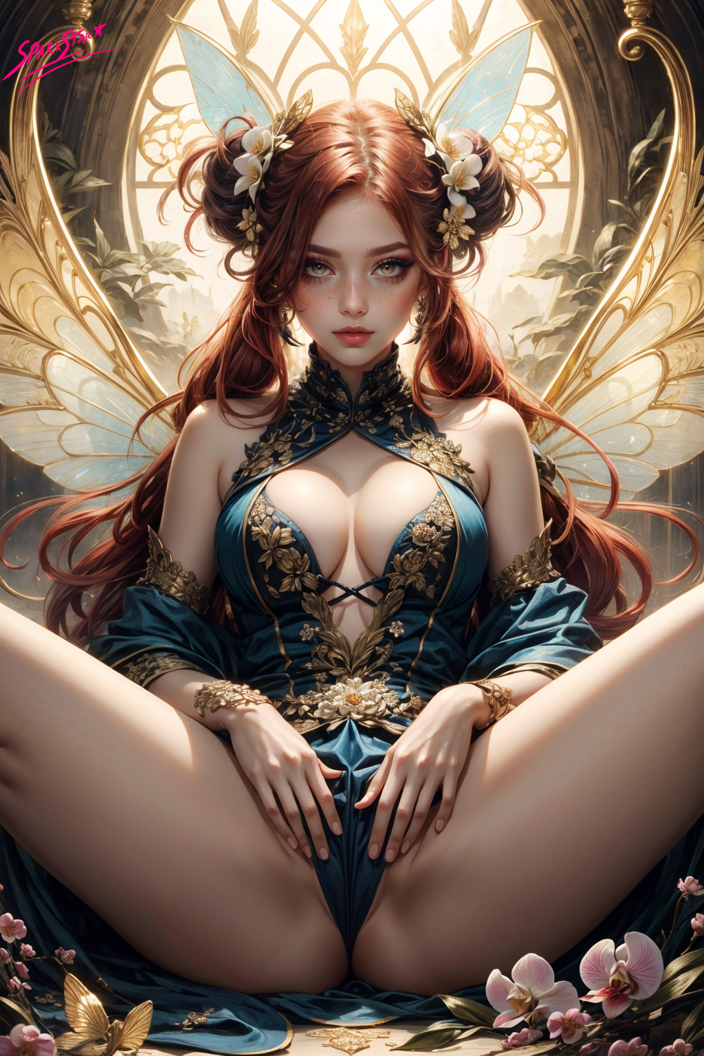 ai_generated blue_dress breasts cleavage cute_face fairy fairy_wings gold_jewelry golden_eyes hair_ornament hands_on_pussy long_eyelashes long_hair non-nude offering_to_viewer pixie_cut red_hair red_lipstick sitting spark_star spread_legs twintails