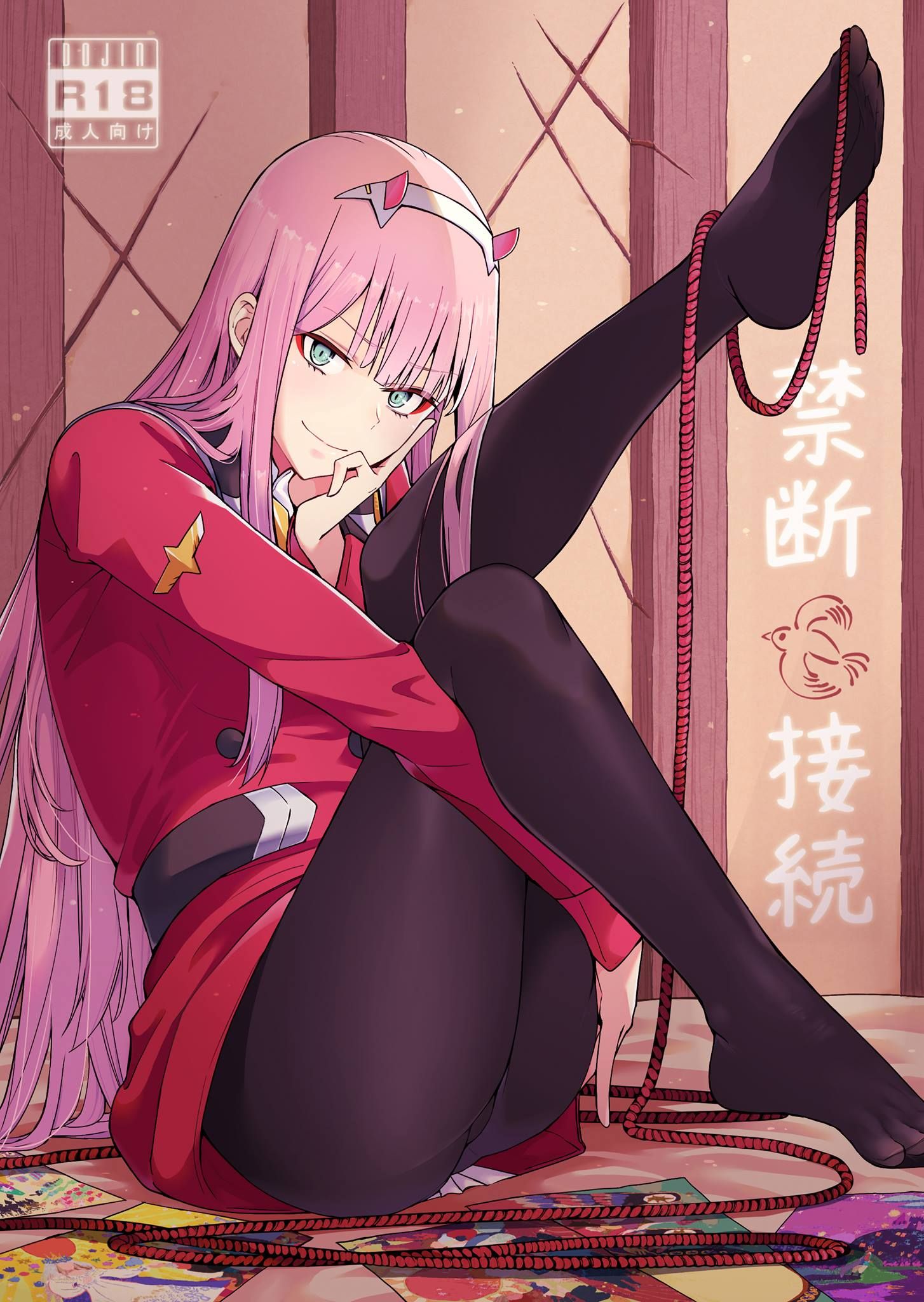 1girls, darling in the franxx, female, foot fetish, foot focus, green eyes, horns, jpeg, leg up, long hair, looking at viewer, pantyhose, pink hair, rope, sitting, smile, zero two (darling in the franxx)