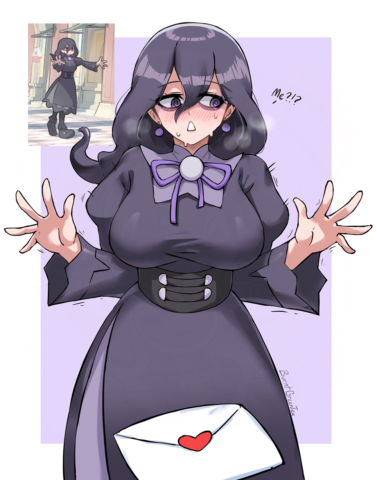 1girls, alternate breast size (larger), artist name, bags under eyes, black dress, black hair, border, breasts, burnt green tea, commentary, dress, earrings, english commentary, english text, female, female only, grey background, hair between eyes, hex maniac, hex maniac (pokemon legends: z-a), hex maniac (pokemon), highres, jewelry, juliet sleeves, large breasts, letter, long sleeves, love letter, nintendo, occult maniac, occult maniac (pokemon legends: z-a), occult maniac (pokemon), occult maniac (z-a), official art inset, outside border, photo inset, pokemon, pokemon legends: z-a, puffy sleeves, purple eyes, reference inset, simple background, sweat, white border
