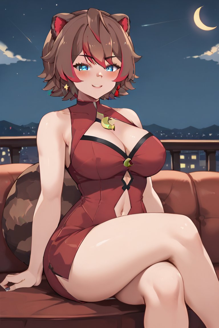 1girls ai_generated animal_ears balcony big_breasts blue_eyes blush breasts brown_hair indoors kemonomimi latam_virtual_youtuber looking_at_viewer multicolored_hair night raccoon_ears raccoon_girl rakkun red_hair short_hair solo_female tagme thighs tupadrev4 virtual_youtuber vtuber