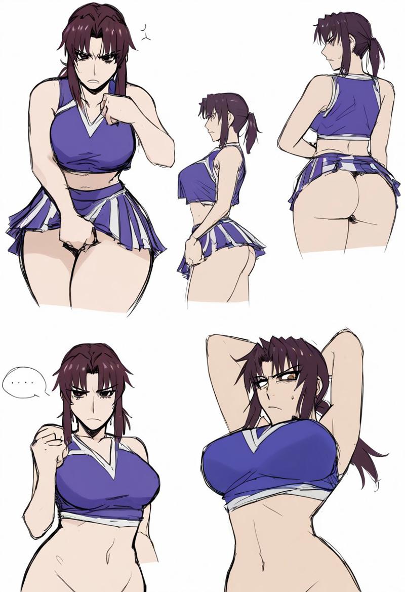 ai_generated alternate_costume annoyed arms_up black_lagoon cheerleader_uniform collage comic curvy_figure embarrassed_female hourglass_expansion medium_ass multiple_images revy short_skirt sketch thick_thighs