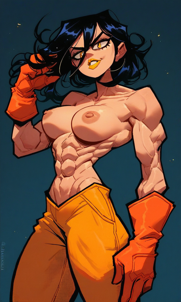 1girls abs ai_generated black_hair kosine1777 long_hair medium_breasts muscle_girl muscular muscular_female nipples orange_gloves original original_character serena_(kosine1777) superheroine toned toned_abs toned_body toned_female topless valbun_style yellow_eyes yellow_lipstick yellow_pants