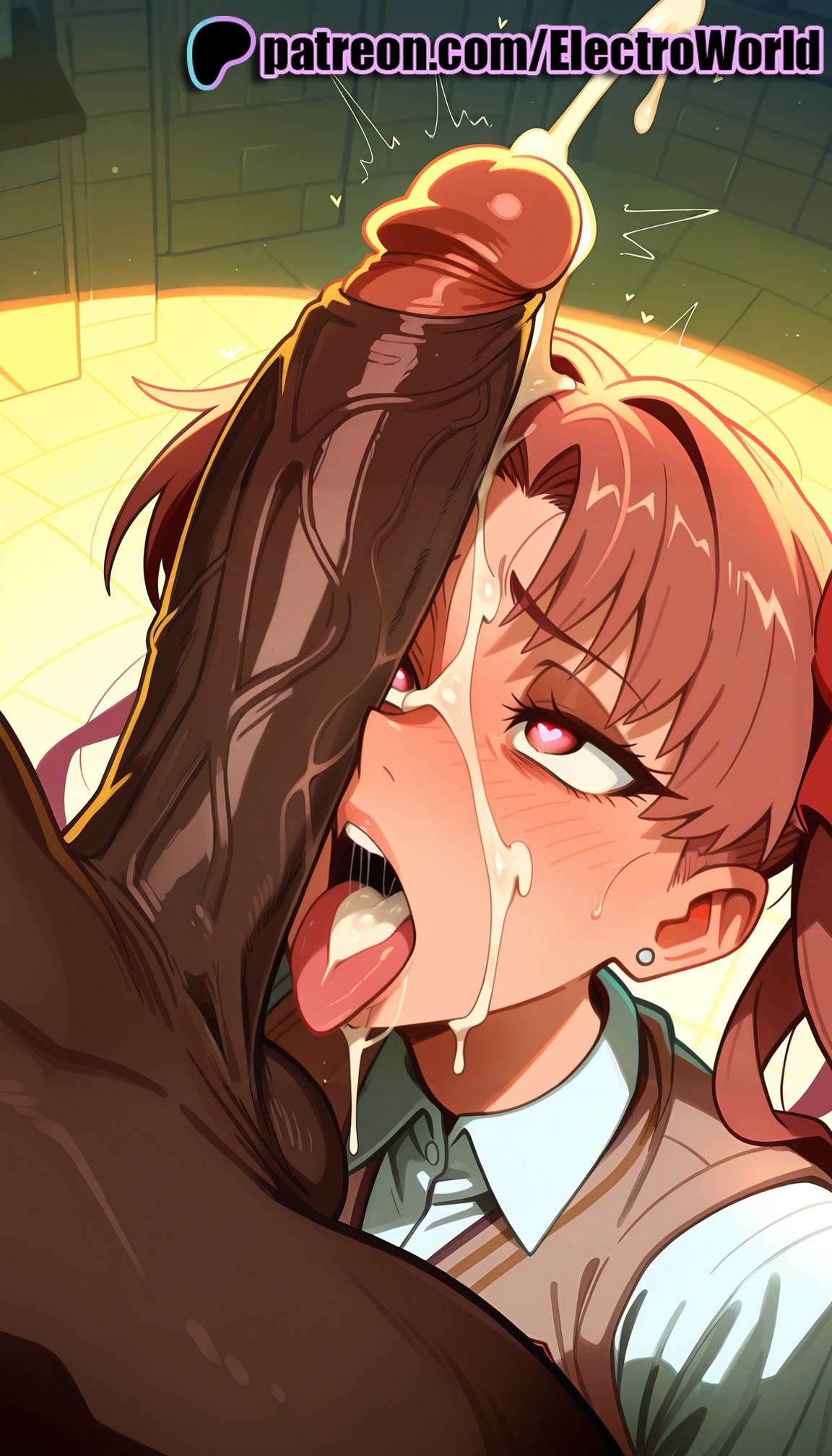 1boy, 1girls, 2025, ai generated, artist name, balls, cock, cum, dark skin, dark-skinned male, dick, electroworld, erection, facial, female, hi res, high quality, high resolution, highres, interracial, male, patreon, patreon username, penis, shirai kuroko, stable diffusion, straight, testicles, tile floor, tiles, to aru kagaku no railgun, to aru majutsu no index, tongue, tongue out, twintails, watermark