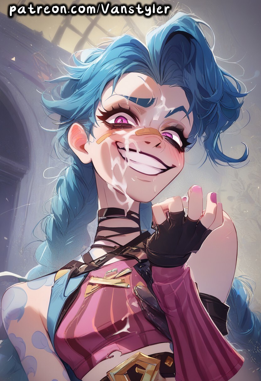 ai_generated blue_hair blush braid choker clothed covered_in_cum cum cum_on_face gesugao jinx_(league_of_legends) league_of_legends long_hair looking_at_viewer patreon purple_eyes riot_games smiling smiling_at_viewer solo tattoo twin_braids vanstyler very_long_hair