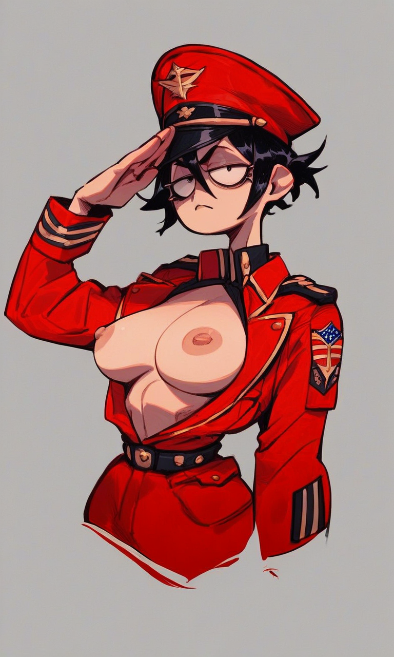 1girls ai_generated belt black_hair breasts breasts_out ching_shih_(kosine1777) female kosine1777 kosineverse large_breasts military_hat military_uniform nipples original original_character red_clothes salute short_hair uniform valbun_style