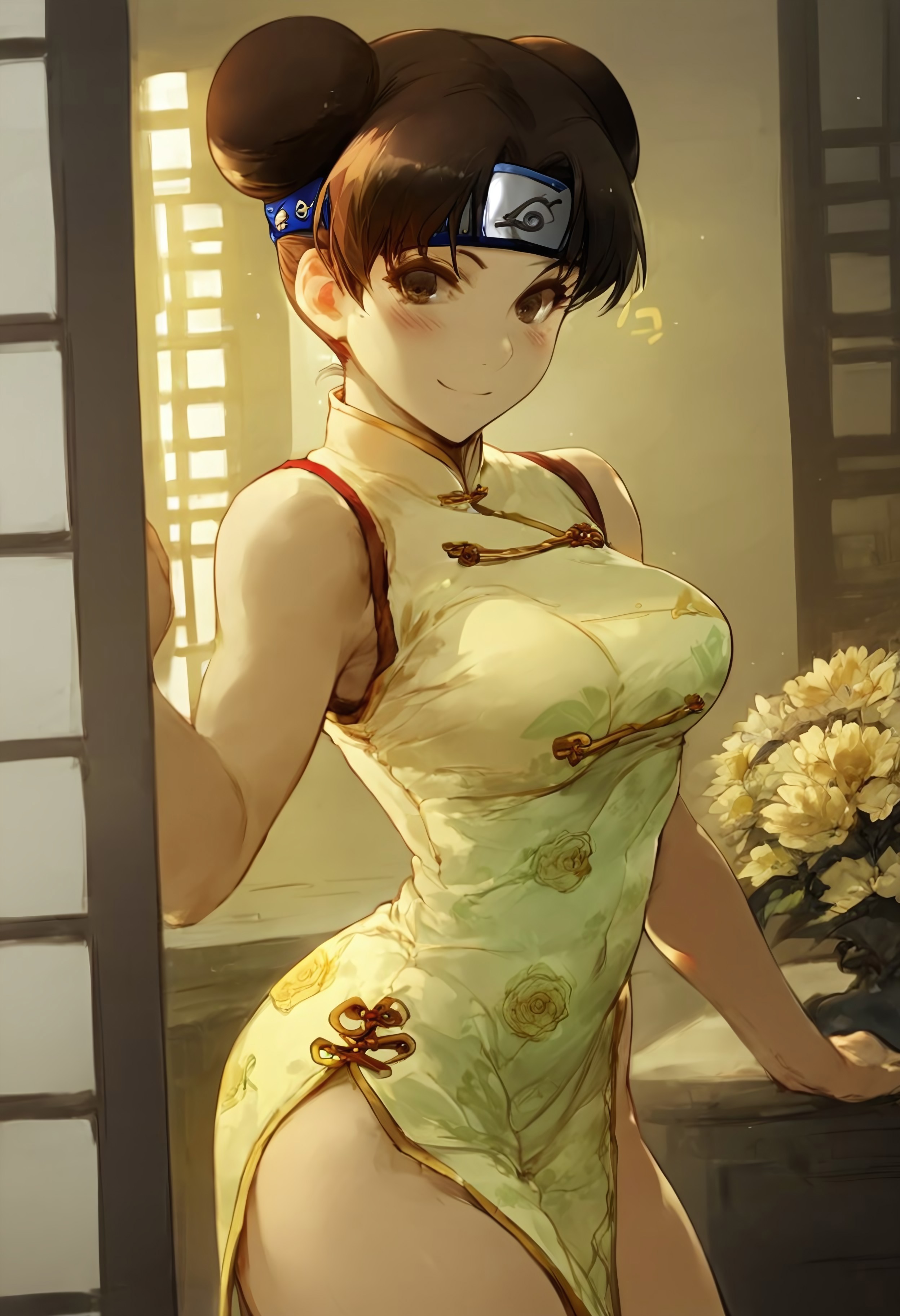 1girls, ai generated, blush, breasts, chinese clothes, chinese dress, civitai, cowboy shot, female, looking at viewer, medium breasts, naruto, naruto (series), smile, solo, tagme, tenten, thighs, yercyu