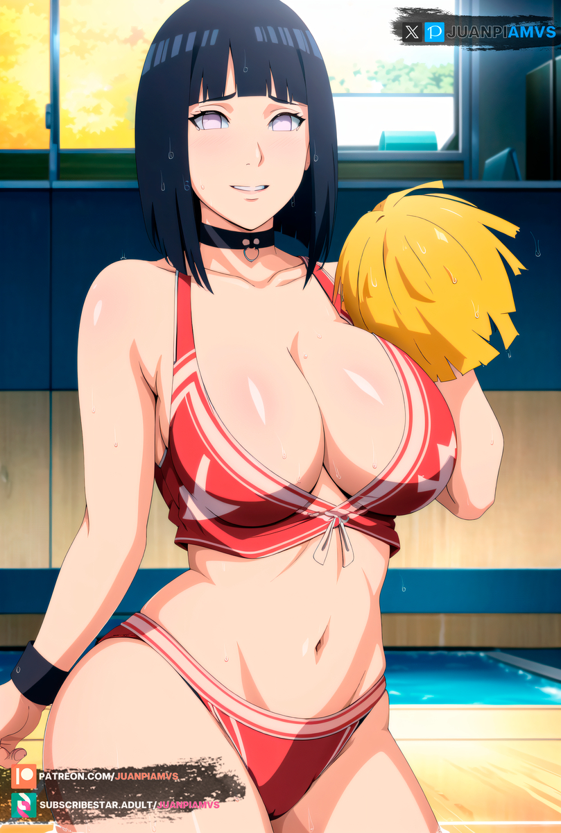 ai_generated big_ass big_breasts bikini cheerleader collar curvy curvy_figure dark_blue_hair female female hyuuga_hinata juanpiamvs naruto naruto_(series) naruto_shippuden patreon patreon_username pixiv pom_poms pool purple_eyes short_hair smiling subscribestar subscribestar_username sweatdrop twitter watermark