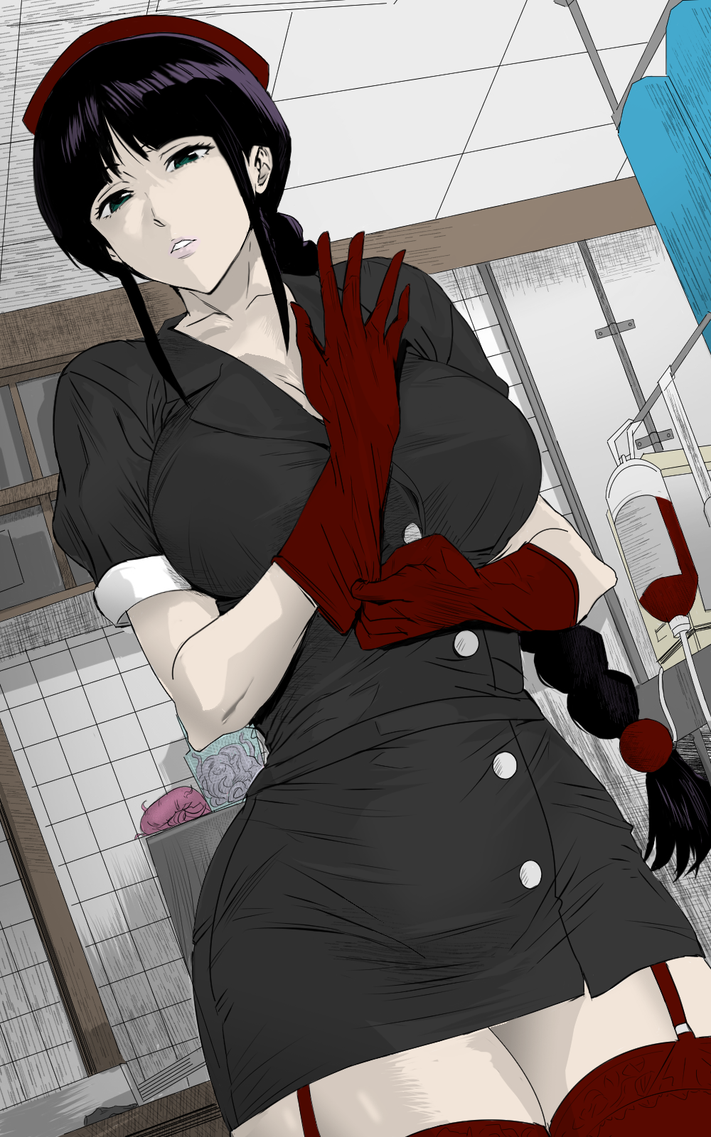 1girls big_breasts bleach braid braided_ponytail color daraz18aka dress female female_focus female_only garter_straps gloves indoors kurotsuchi_nemu long_hair looking_at_viewer nurse parted_lips short_dress short_sleeves thighhighs