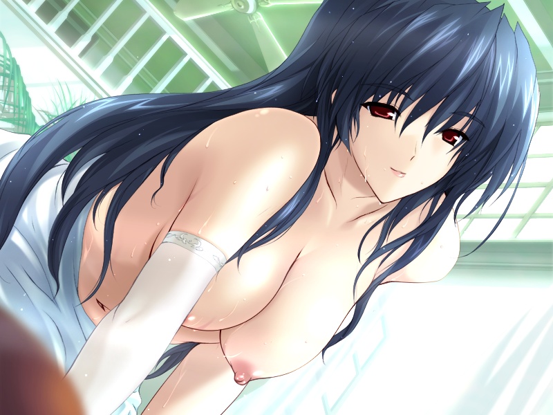 blue_hair breasts choukou_(alicesoft) choukou_sennin_haruka cleavage clothing dress elbow_gloves female female_only game_cg gloves hanging_breasts huge_breasts human large_breasts long_hair no_bra onigirikun red_eyes solo subaru_(choukou_sennin_haruka) topless wet white_dress