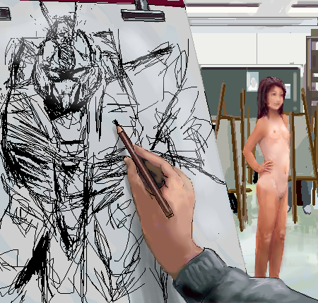 1boy 1girls art_class breasts brown_hair clothed_male_nude_female drawing easel figure_drawing flat_chest gigantic_breasts gundam indoors long_hair lowres male_hand mecha nipples nude nude_model oekaki one-piece_tan pencil petite re-gz realistic sketch small_areolae small_breasts small_nipples tan tanline wooden_pencil