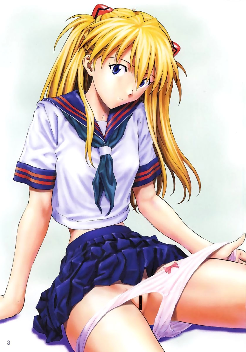 asuka_langley_sohryu blue_eyes bow bow_panties censored clothes clothing hair hair_ornament highres izurumi long_hair mogudan neon_genesis_evangelion orange_hair page_3 panties panty_pull pussy school_uniform serafuku sitting skirt skirt_lift tied_hair twintails underwear white_panties