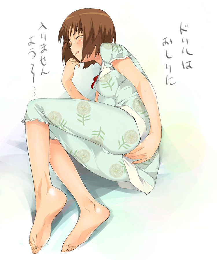 a1 barefoot blush brown_hair closed_eyes clothed_masturbation clothing endured_face feet female hagiwara_yukiho idolmaster masturbation open_mouth short_hair soles tear toe-scrunch toe_scrunch toes translation_request