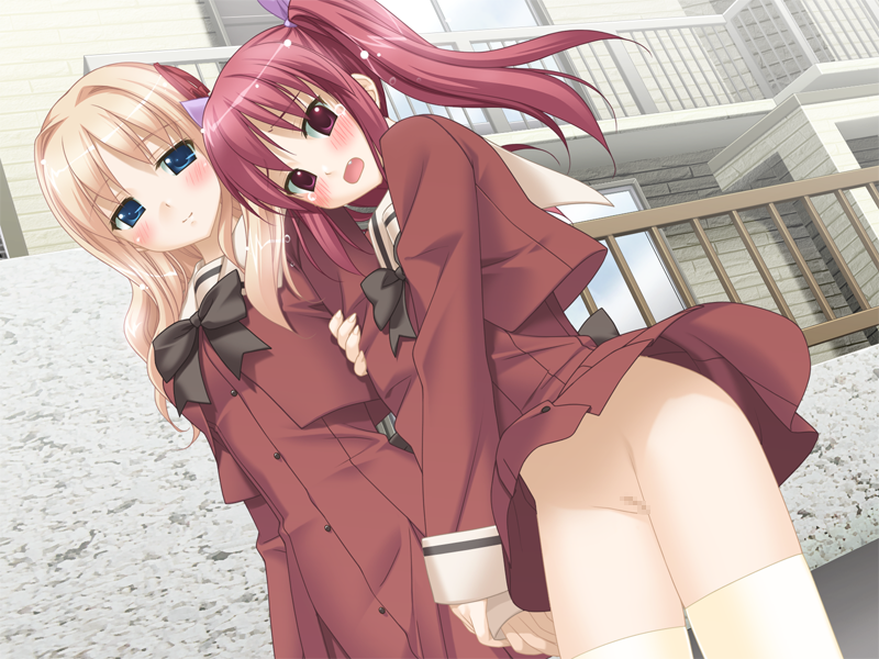 2girls blonde_hair blue_eyes blush censored dutch_angle exhibitionism female female_only game_cg humiliation looking_at_viewer matsubara_yuuna multiple_girls no_panties oda_nanami outdoors outside peko pussy red_eyes red_hair sono_hanabira_ni_kuchizuke_wo thighhighs voyeurism wardrobe_malfunction wind_lift yuri