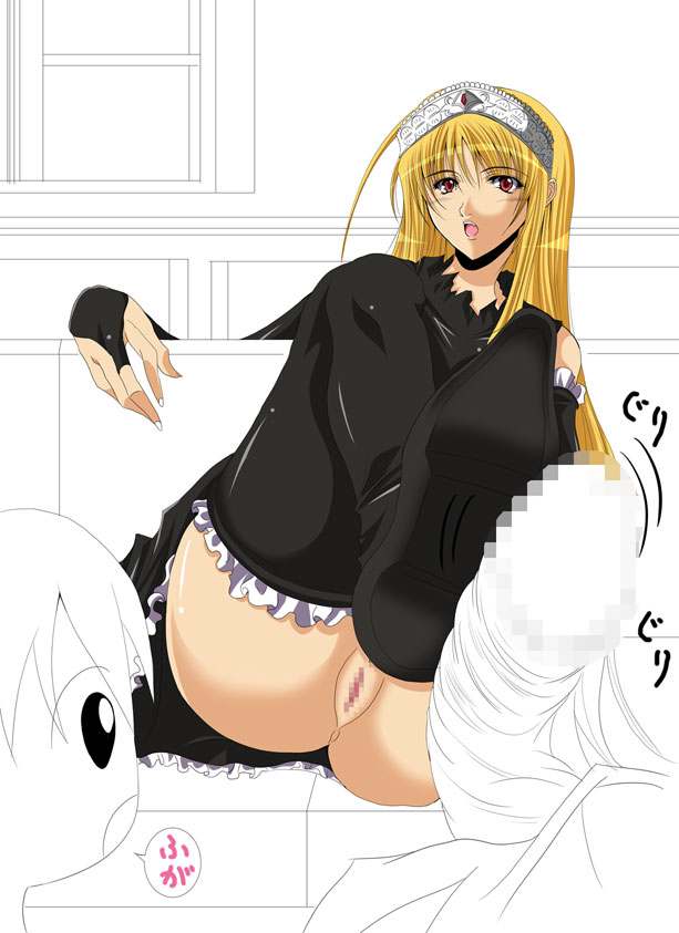 ahoge anus black_legwear black_thighhighs blonde_hair blush bridal_gauntlets censored clothing couch dress feet footjob frills hair hime_(kaibutsu_oujo) kaibutsu_oujo lilianne long_hair mosaic_censoring mura_(mapisha) open_mouth penis pov princess_resurrection pussy red_eyes shoejob sitting stockings thighhighs tiara translation_request