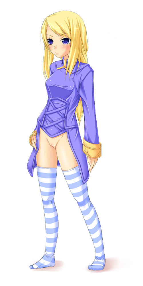 agrias_oaks blonde_hair blue_eyes bottomless buresu feet female female_only final_fantasy final_fantasy_tactics final_fantasy_tactics_(original) human pussy solo striped striped_legwear striped_thighhighs thighhighs uncensored