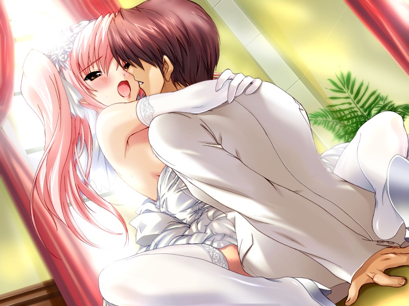 assertive blush bridal_veil bride brown_eyes choukou_(alicesoft) choukou_sennin_haruka clothed_sex clothing couple cowgirl_position dress elbow_gloves eye_contact female footwear game_cg gloves hair high_heels hug ikusabe_takamaru leg_lock long_hair looking_at_another moan moaning onigirikun pink_hair sex shihoudou_narika shoes stockings straddle thighhighs tied_hair twintails upright_straddle veil wedding_dress white_dress