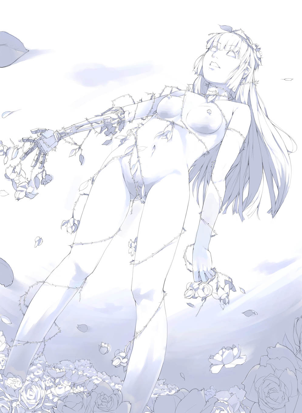 akimbo_(artist) akinbo_(hyouka_fuyou) android breasts components disassembly flower highres internal mechabare monochrome nude original parts_exposed robot thigh_gap thighs thorns vines