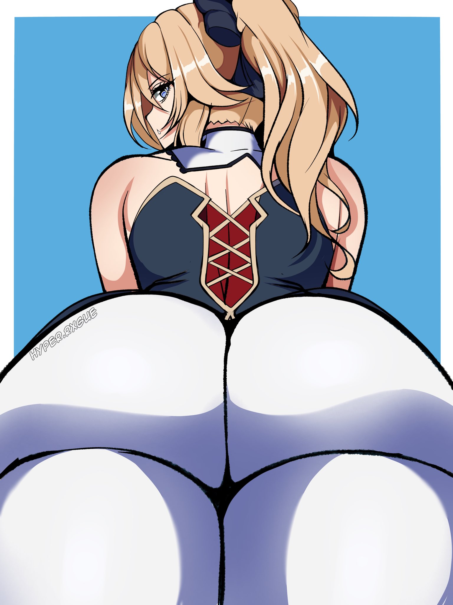 1girls, ass, ass focus, big ass, bottom heavy, bubble butt, clothing, fat ass, female, female only, genshin impact, gluteal fold, huge ass, hyperrxgue, jean gunnhildr, large ass, looking at viewer, looking back, massive ass, solo, thick ass, thick thighs, wide hips