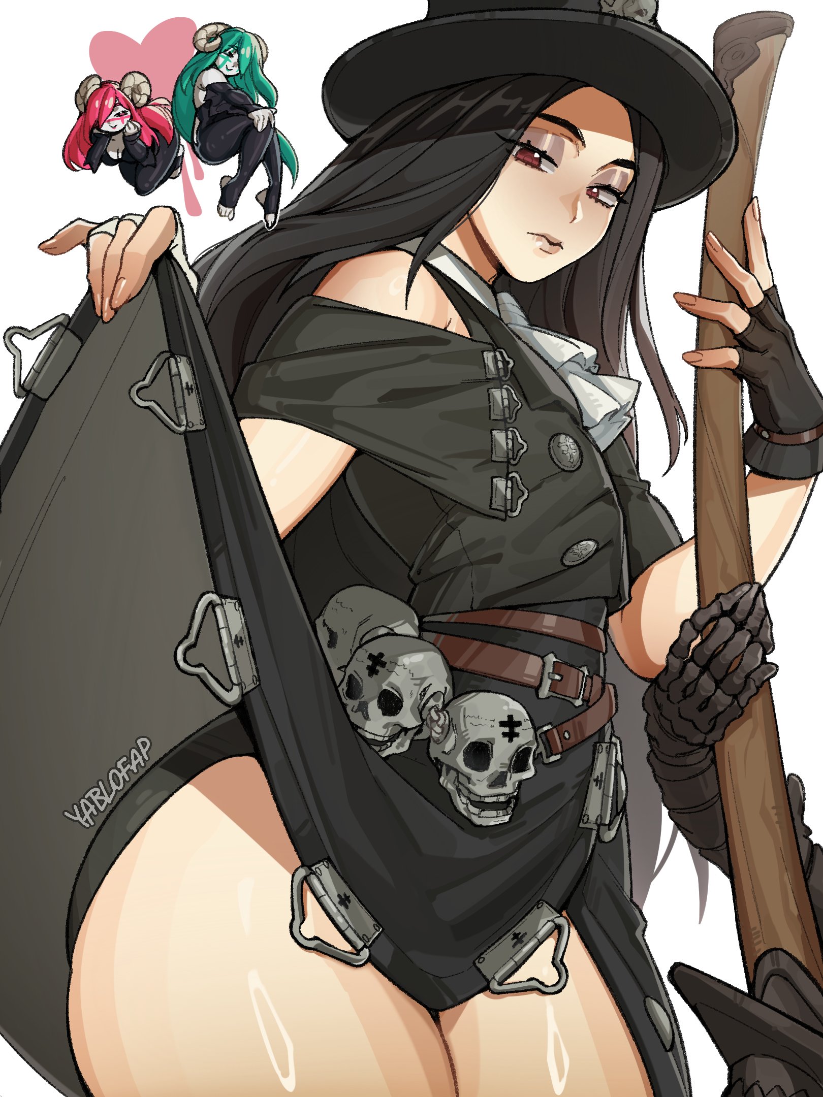 ?, 1other, alohapz, ambiguous gender, belt, big ass, black hair, black headwear, cape, gloves, guilty gear, guilty gear strive, hat, holding, holding weapon, long hair, looking at viewer, male, nonbinary, tagme, testament (guilty gear), thick thighs, thighhighs, thighs, white background, yablofap
