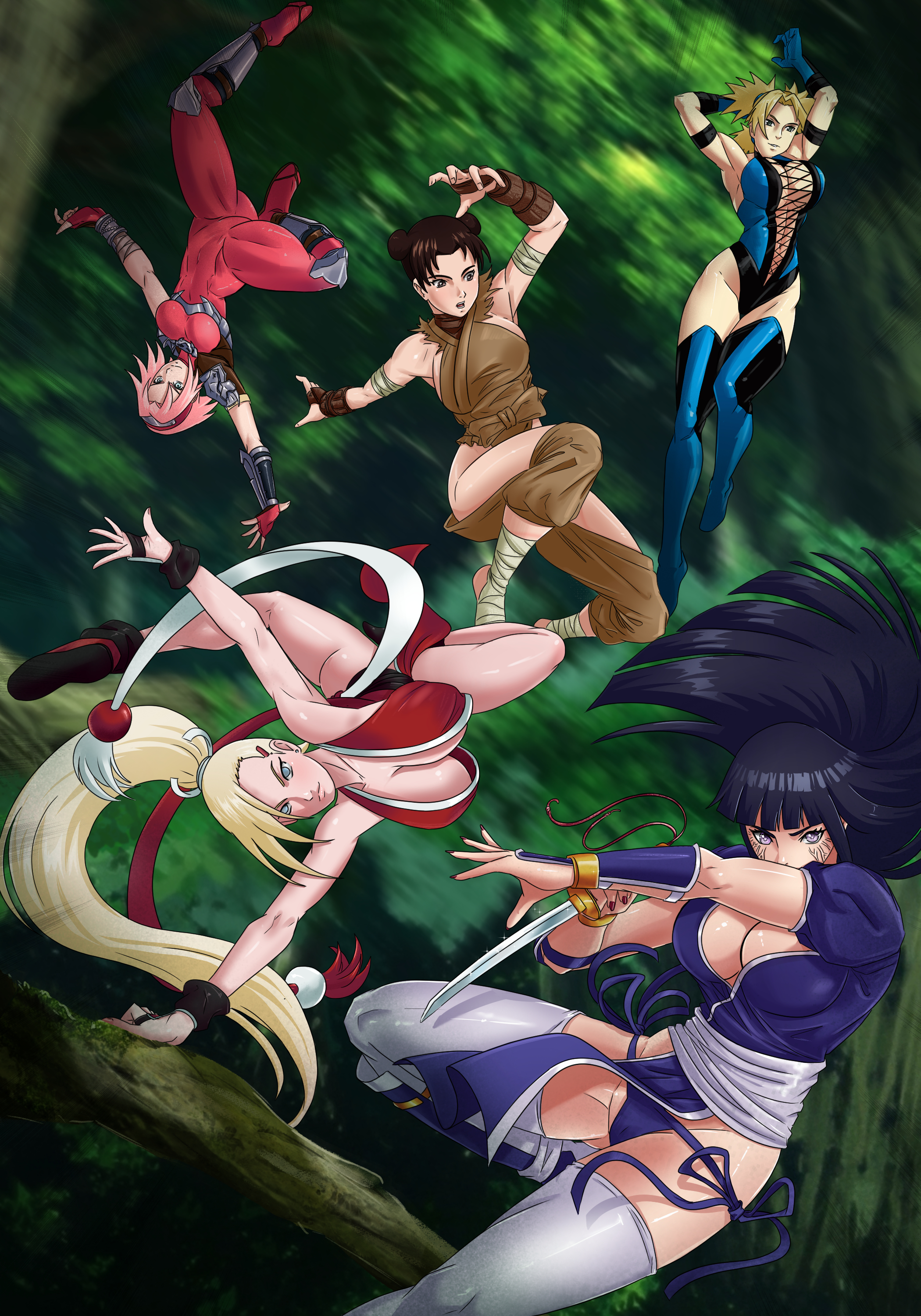 5girls, amenoosa, bandai namco, blonde hair, blue hair, brown hair, busty, capcom, cleavage, cosplay, costume, crossover, dead or alive, fatal fury, female, female focus, female only, fighting pose, fighting stance, forest, haruno sakura, high resolution, holding object, hyuuga hinata, ibuki (street fighter) (cosplay), ino yamanaka, jumping, kasumi (doa) (cosplay), kimono, king of fighters, kitana (cosplay), kodachi, kunoichi, leotard, long hair, mai shiranui (cosplay), mortal kombat, mortal kombat 3, multiple females, multiple girls, naruto, naruto (series), naruto shippuden, nature, netherrealm studios, ninja, pink hair, revealing clothes, running, sakura haruno, short hair, shounen jump, skimpy, skimpy clothes, snk, soul calibur, stirrup legwear, street fighter, sword, take your pick, taki (cosplay), team ninja, tecmo, temari, tenten, tree, weapon, yamanaka ino